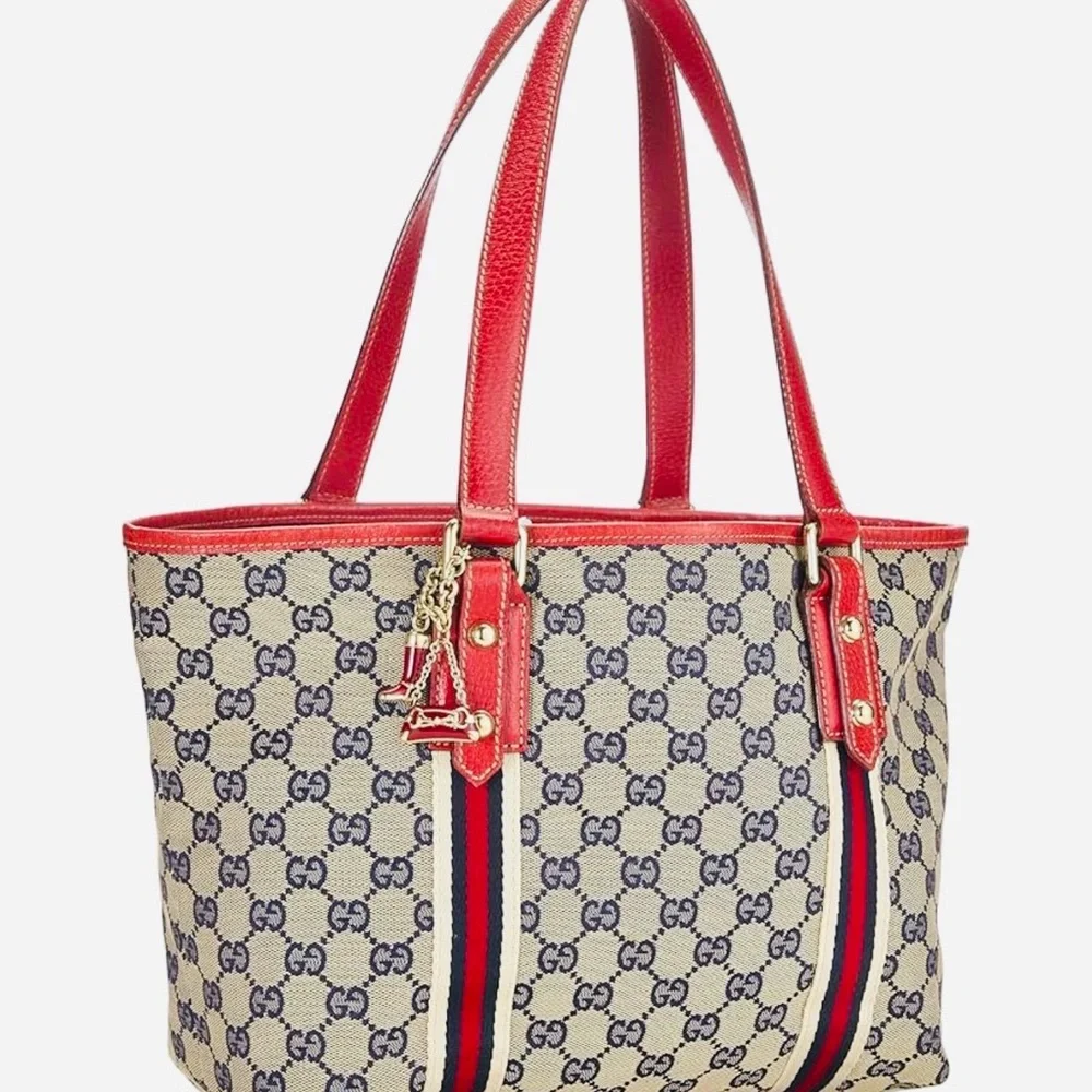 GUCCI Jolicoeur Navy/Red Striped Canvas w/Leather Golden Hardware & Charms, EUC
